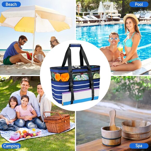 Women's Blue+Stripe with Front Buckles Beach Tote Waterproof Sandproof Beach Bag - Picture 8 of 8